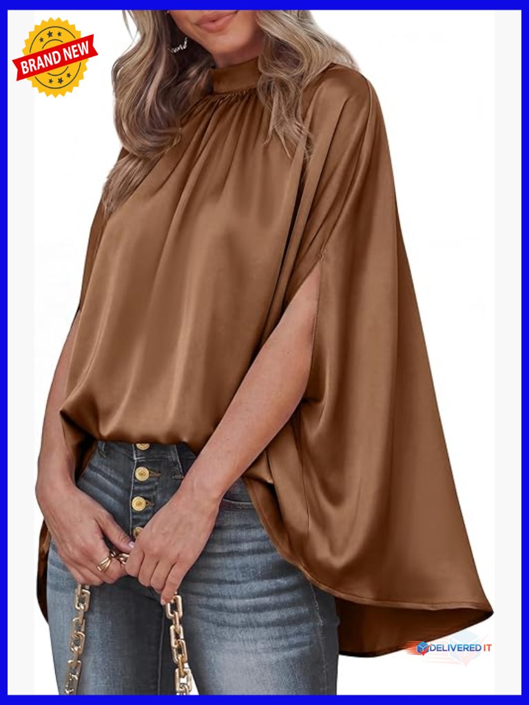 Mock Neck Batwing Sleeve Silk Satin Blouse Dressy Casual